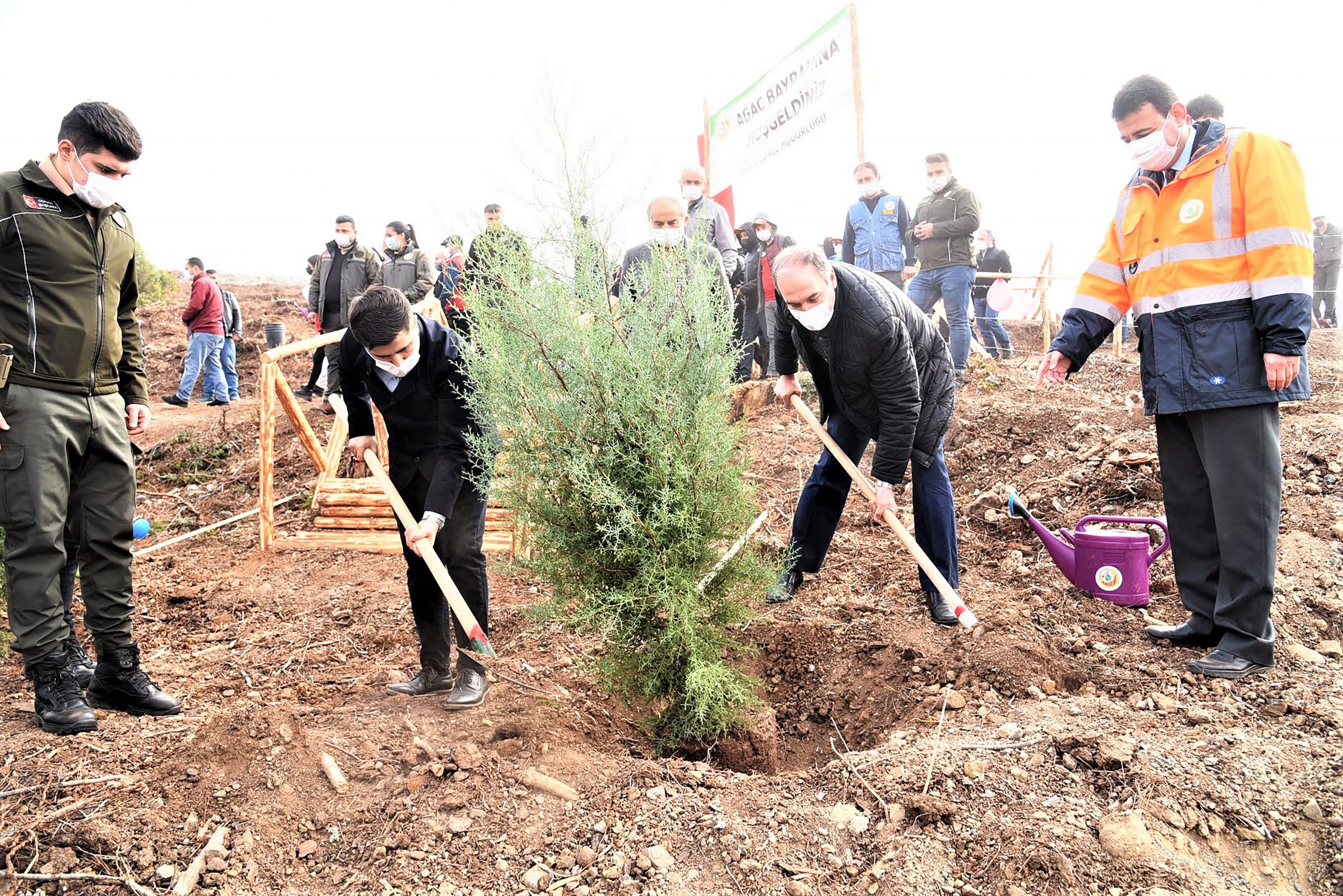 Dursunbey Çınar mahallesi bölgesinde oluşturulan ağaçlandırma  sahasında yüzlerce fidan ile toprakla buluştu.