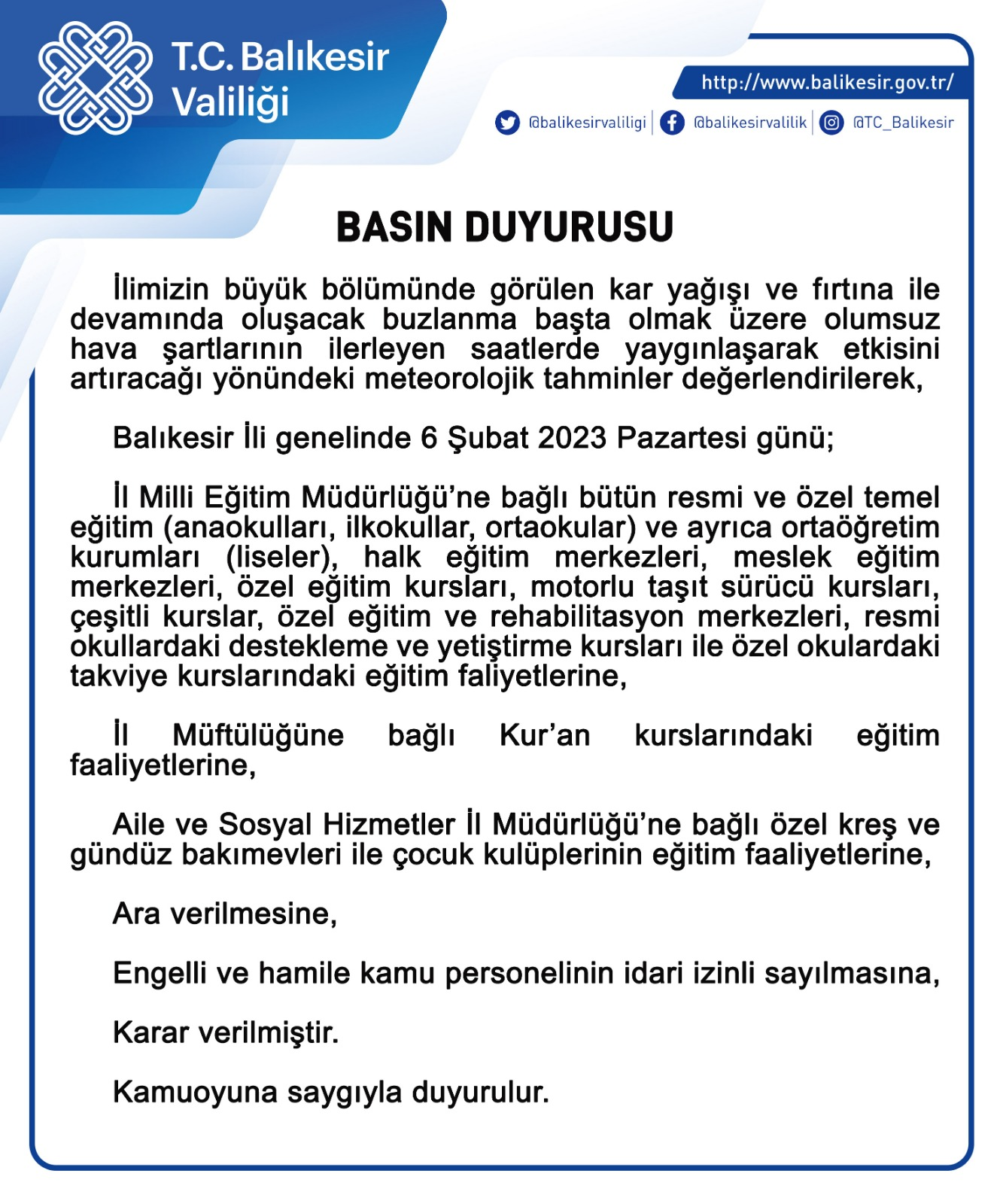 Vali Şıldak’tan Kar Uyarısı